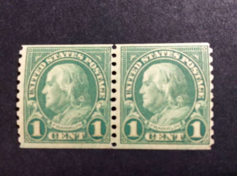 U.S.#597 Ben Franklin 1c Coil Pair, MNH VG-F. See description.