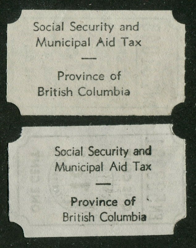 CANADA REVENUE BRITISH COLUMBIA 1¢ SOCIAL SECURITY AND MUNICIPAL AID TAX TICKETS