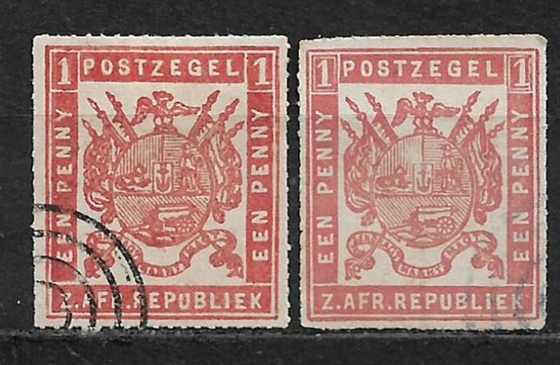 COLLECTION LOT OF 2 TRANSVAAL TYPE A1 ROULETTED STAMPS