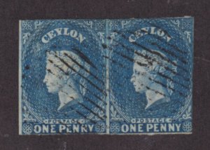 Ceylon SG 2b, Sc 1 used 1857 1p blue QV imperf pair on blued paper, sound, F-VF.