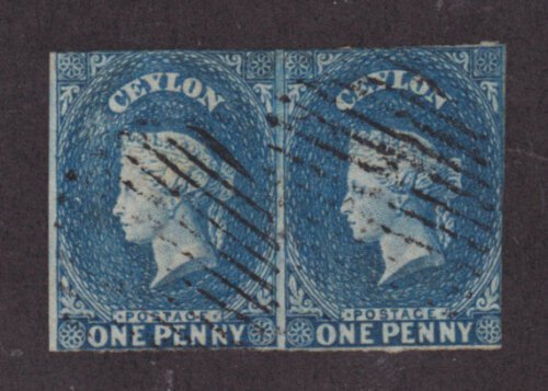 Ceylon SG 2b, Sc 1 used 1857 1p blue QV imperf pair 