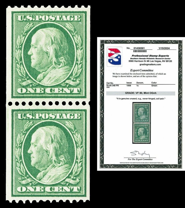 Scott 348 1908 1c Franklin Coil Mint Pair Graded VF 80 NH with PSE CERT