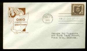 U.S. FDC #1018 House of Farnam Cachet Chillicothe, OH Ohio Statehood