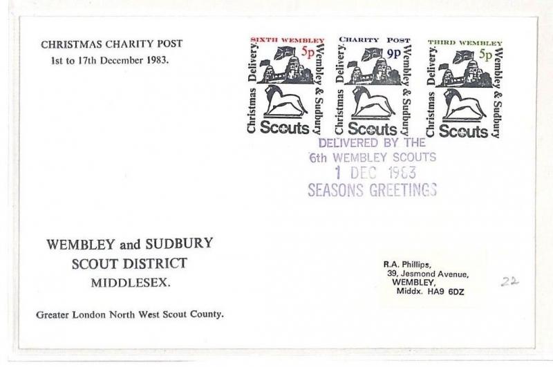 AH84 1983 GB Christmas Charity Post Boy Wembley Scout Cover {samwells-covers}PTS