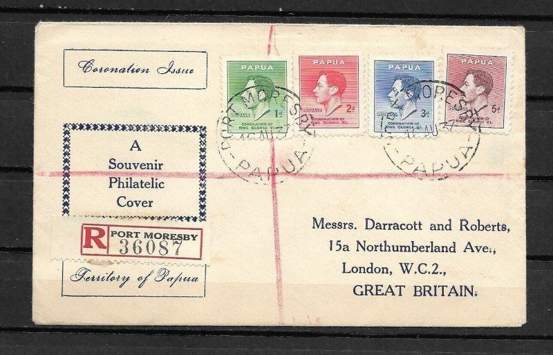 PAPUA-1937, Sc#118-121, REGISTERED COVER, PORT MORENSBY to LONDON, GREAT BRITAIN