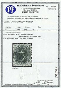 SC# 78a USED 24C WASHINGTON NEGATIVE STAR OF DAVID FANCY CCL, 1862, 2019 PF CERT