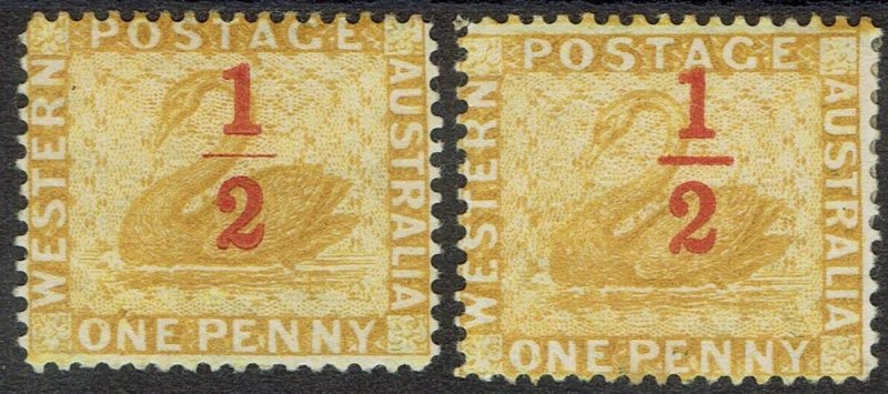 WESTERN AUSTRALIA 1884 SWAN 1/2 ON 1D VARIETY THIN BAR AND NORMAL PERF 14 