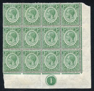 Jamaica SG92 1/2d Wmk Mult Script Block of 12 with 10 x U/M Cat 48++ Pounds