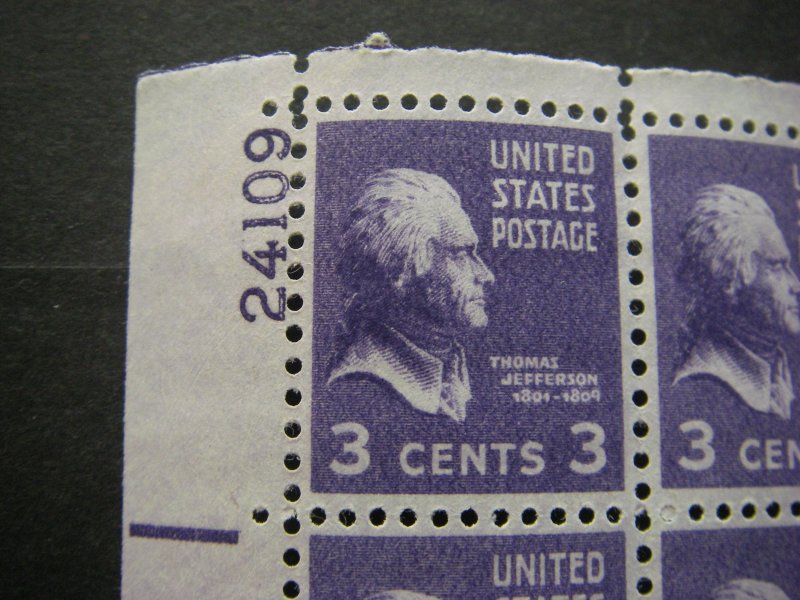 Scott 807, 3c Thomas Jefferson, PB4 #24109 x4, Matched Set, MNH Prexie Beauties