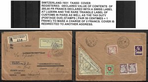 SWITZERLAND STAMPS. 1931 . COVER TAXED