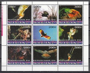 Burundi, 1998 issue. Owls, Bird of Prey sheet of 9. ^