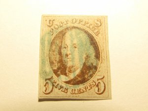 USA Stamp Scott #1 VF/XF USED BLUE CANCEL WITH 4 MARGINS,