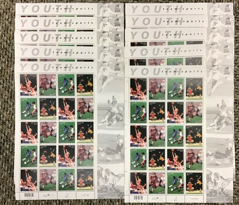 3399-3402    Soccer-Youth Team Sports. Lot of 10 sheets. FV $66.   2000.