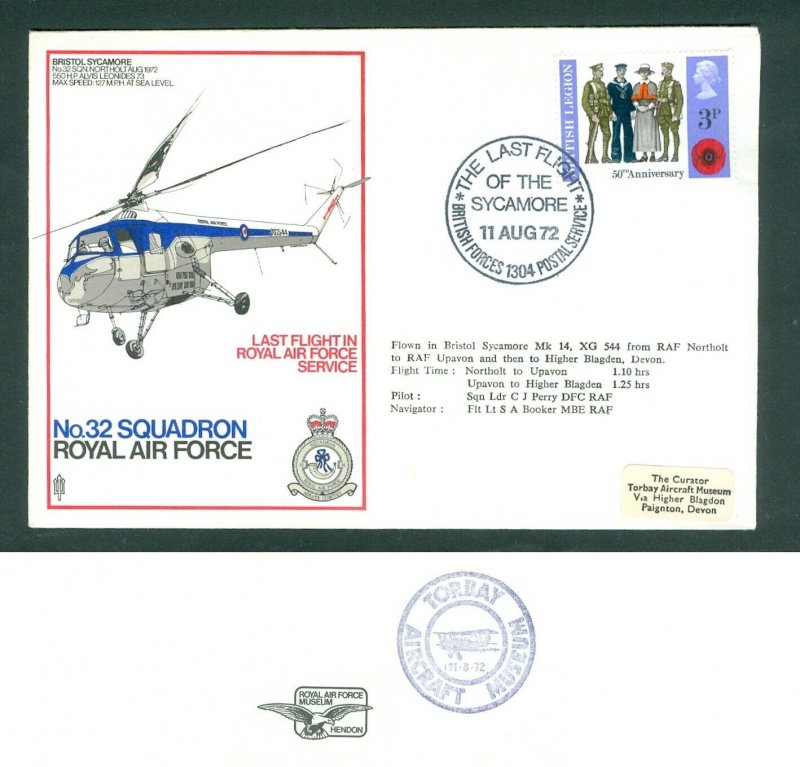 Great Britain. 1972 Cover R.A.F. Helicopter. 32 Squadron. Last Flight, Sycamore