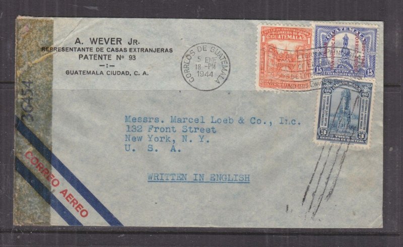 GUATEMALA, 1944 censored airmail cover, Guatemala City to USA, 1c., 3c., 15c. 