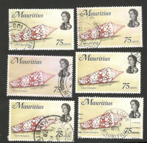 Mauritius- 6 used stamps, 75 cents-fauna-shell- Commonwealth Issue