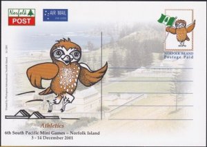 NORFOLK IS 2001 Sth Pac Games Postage Paid owl postcard - Athletics........B3557