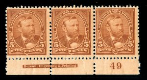 MOMEN: US STAMPS #255 MINT OG NH PLATE IMPRINT STRIP POST OFFICE FRESH