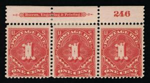 GENUINE SCOTT #J38 MINT OG NH 1895 DEEP CLARET BEP IMPRINT PLATE 246 STRIP OF 3