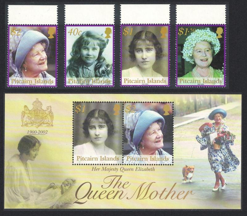 Pitcairn Queen Mother Commemoration 4v+MS SG#623-627 SC#561-565