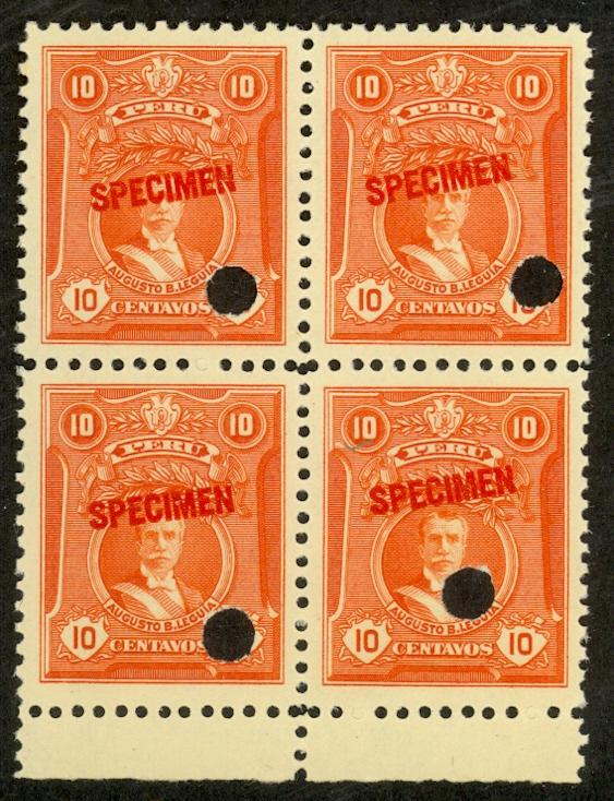 PERU 1922 10c Leguia Portrait BLOCK OF 4 Ovptd SPECIMEN ABNC Punch Sc 245 MNH