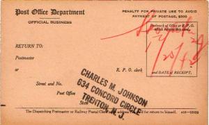 United States Jersey Stelton 1942 ms  1871-1955  Registry receipt card.