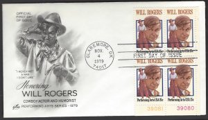 FDC - Plate Block Honoring Will Rogers