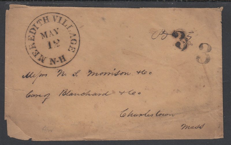 US, 1852 MEREDITH VILLAGE, NEW HAMPSHIRE Stampless Cover