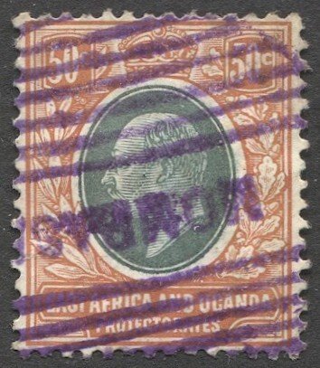 EAST AFRICA & UGANDA PROT. 1907 Sc 38, Used 50c, Mombasa cancel, cv $16