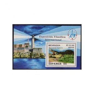 Nicaragua C1050, MNH. Mi Bl.164. EXPAMER-1985. Crocodylus rhombifer. Lighthouse.