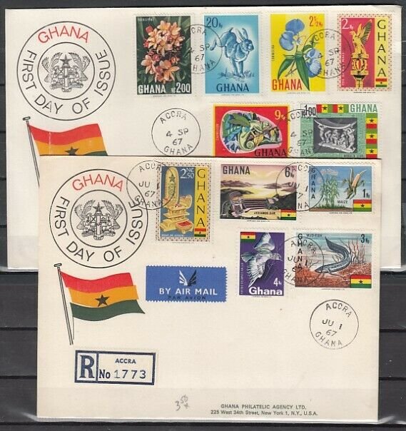 Ghana, Scott cat. 286~300. 1st Part Definitive values on 2 First day covers. ^