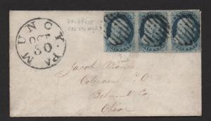 $US Sc#7 strip of 3, cover, Pos 58-60L2, Doporto Cert., Muncy Pa.