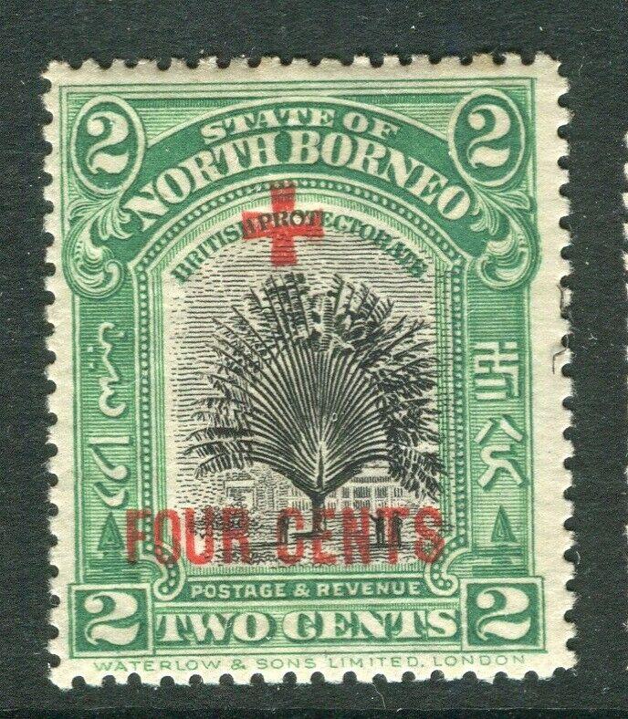 NORTH BORNEO; 1918 early Red Cross FOUR CENTS surcharge Mint hinged 2c. 