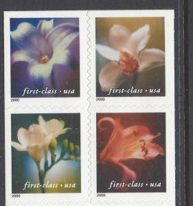 US Scott # 3454 - 3457  Block of Four .34 (ND) Flowers, From DS 3457e 2000 MNH