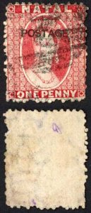 Natal SG76 1d Rose opt Postage (locally) Cat 95 pounds