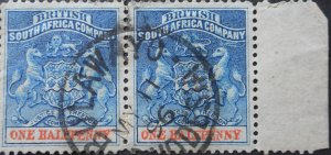 Rhodesia 1892 ½d pair with Bulawayo (SC) postmark