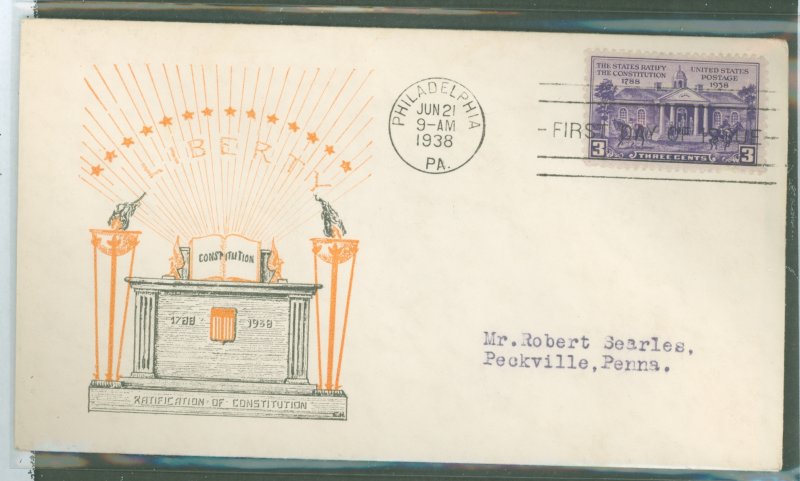 US 835 1938 ratification of the US Constitution on an addressed (typed) FDC with a cachetcraft cachet