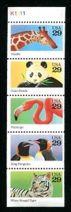 2705 - 2709 2709a Wild Animals Strip of 5 With Tab 29¢ Stamps