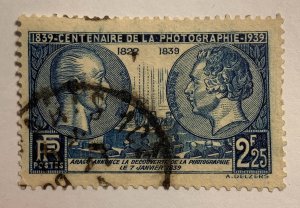 France 1939 Scott 374 used - 2.25fr, Photography 100th anniv., Niepce & Daguerre