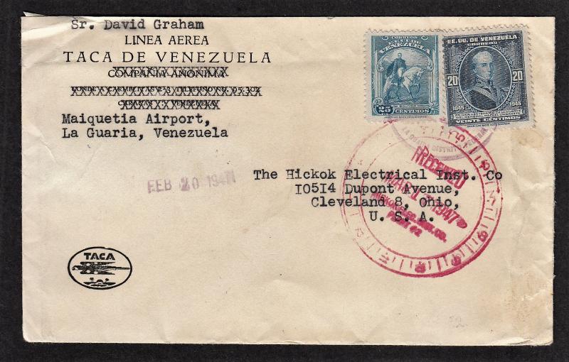 VENEZUELA TACA AIR LINE COVER 1947 LA GUARIA TO CLEVELAND