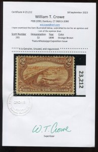 293 Trans-Mississip​​pi Mint Stamp with Crowe Cert BZ1505