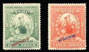 Peru #158-159S, 1899 5s and 10s, set of two overprinted Specimen, never hinged