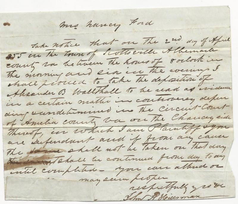 VA US STAMPLESS COVER LETTER Deatonsville DPO #5 (Pop 103) March 27, 1855