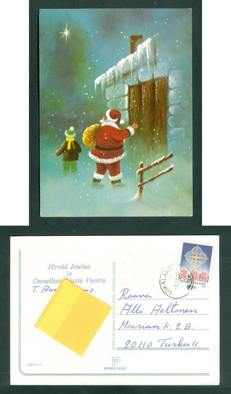 Finland. 1985 Christmas Card. Used. Santa With Sack, Boy. Star.Winter .Sc# 730