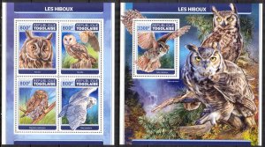 Togo 2017 Birds Owls II sheet + S/S MNH