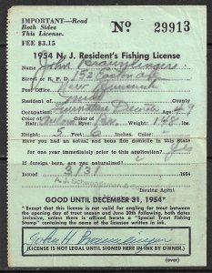 USA NEW JERSEY 1954 $1.00 RESIDENT TROUT Revenue Stamp on FISHING Permit  Used