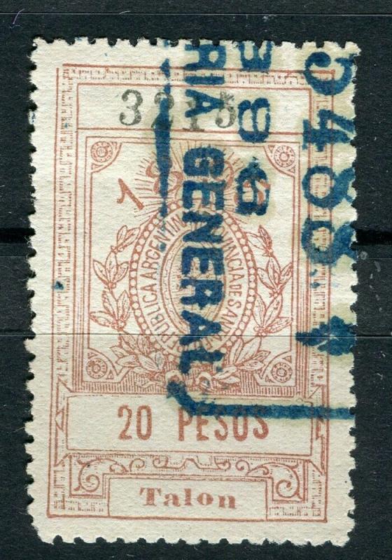 ARGENTINA; 1895 early classic Talon Fiscal Revenue stamp fine used 20p 