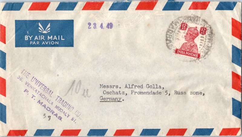 India 12a KGVI 1949 Madras Airmail to Oschatz, Germany.  Corner card The Univ...