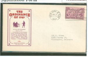 US 795 1937 3c Northwest Territory-Ordinance of 1787 (single) on an addressed first day cover with a New York City cancel with a