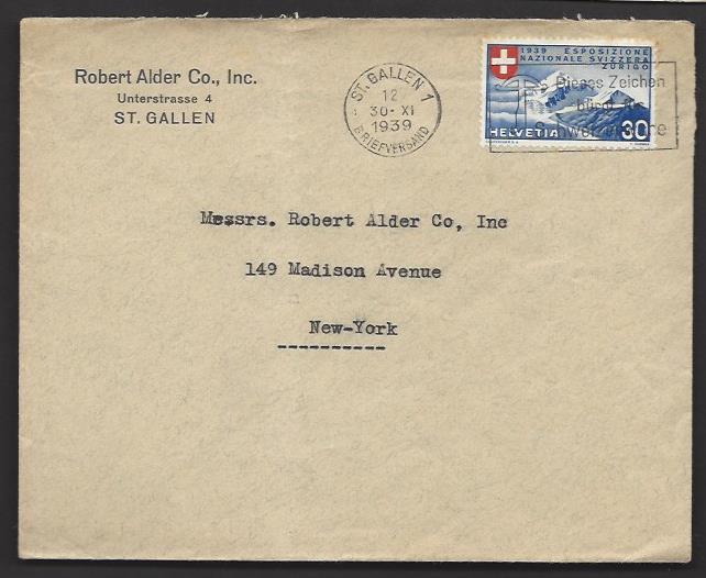 SWITZERLAND 1939 30c National Exposition ITALIAN LANGUAGE Scott 255 Cover